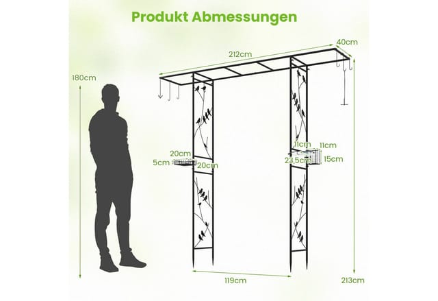 COSTWAY Rosenbogen, 1 St., Torbogen Metall, Gartenbogen mit Vogelfutterstation, 212x40x213 cm