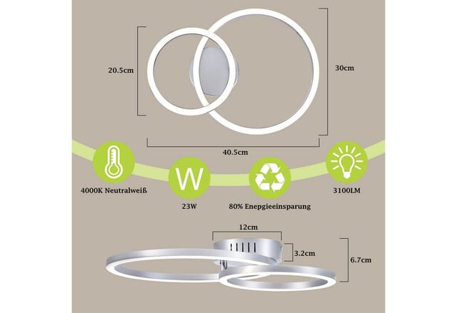ZMH LED Deckenleuchte 23W Weiß Küchenlampe 3000K 40cm Warmweiß Modern Design 2-Ringe, LED fest integriert, led, modern, küche, wohnzimmer, schlafzimmer, design, flur