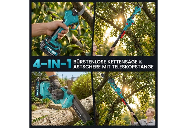 Bundviel Akku-Hochentaster Teleskop Astsäge Astschere Teleskopsäge Akku Kettensäge Hochentaster, bis 235,5 m Arbeitshöhe, Bürstenloser Motor, mit 2× 4000mAh Akku