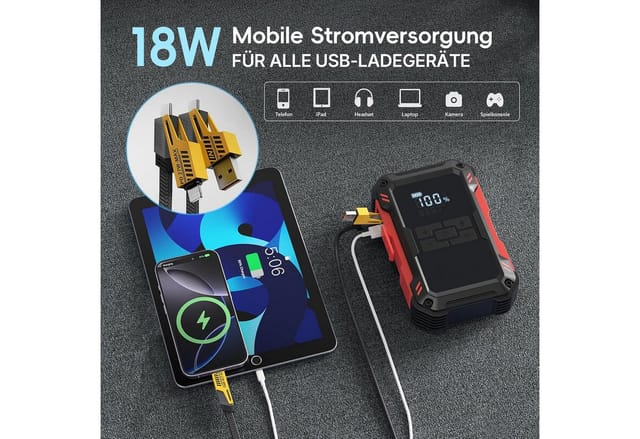 Forrlite Auto Starthilfe Powerbank 4000A 12V Starthilfegerät, 4-in-1 Autobatterie-Ladegerät (10000mAh Starthilfegerät mit 150PSI Kompressor & Smart-Klemmen, Starthilfe Powerbank Benzin bis 9,0L & Diesel bis 6,5L mit USB & DC, 12 Schutzmaßnahmen, Notfall-LED-Licht & LCD Display, -20°C bis 60°C)