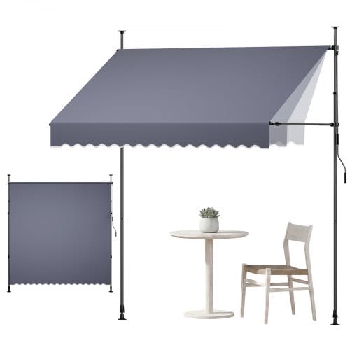 VEVOR Klemmmarkise 250 cm, Höhenverstellbare Markise mit Handkurbel, Terrassenmarkise UPF 80+ Sonnenschutz, Sonnenmarkise, Balkonmarkise, Ideal für Terrasse, Balkon & Garten, Dunkelgrau