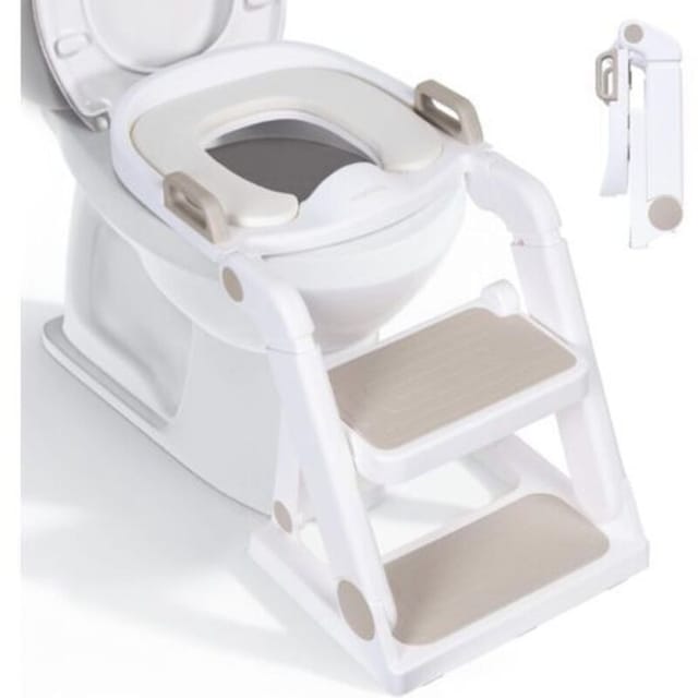 Beigefarbene Toilettensitzverkleinerung Mit Tritthocker Für Kinder Ab 18 Monaten – Toilettensitzerhöhung Für Jungen Und Mädchen – Klappbarer Toilettensitzadapter Für Kinder Mit Stufenloser Höhenverste