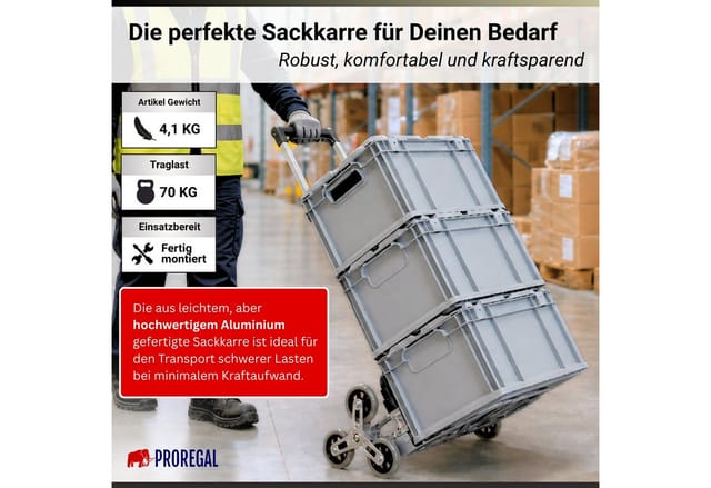 PROREGAL Klappbare Treppensackkarre ELEPHANT 110x45x48cm Traglast 70kg Aluminiumrahmen TRR Fachgummiräder Silber