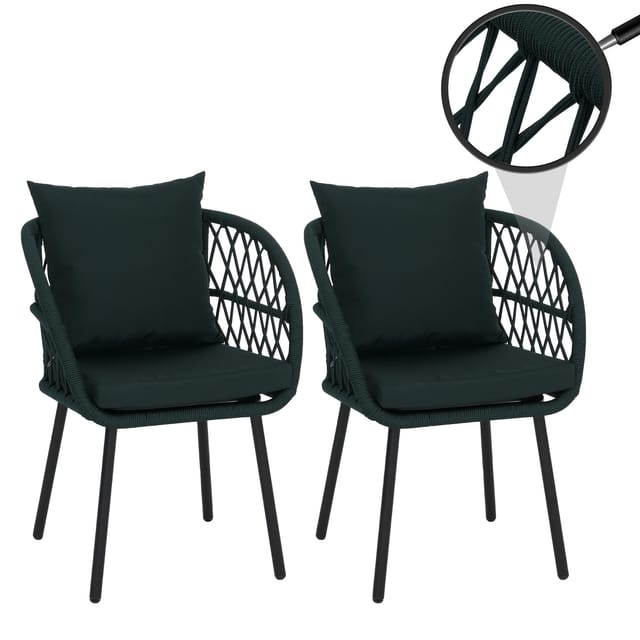 2er-Set Gartenstuhl MCW-Q38, Gartensessel Armlehne, Aluminium Seilgeflecht Rope ~ Gestell schwarz, Polster grün
