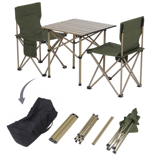 Campingset MCW-Q39, Tisch 2x Stuhl Klappstuhl Anglerstuhl faltbar, Metall Stoff ~ grün