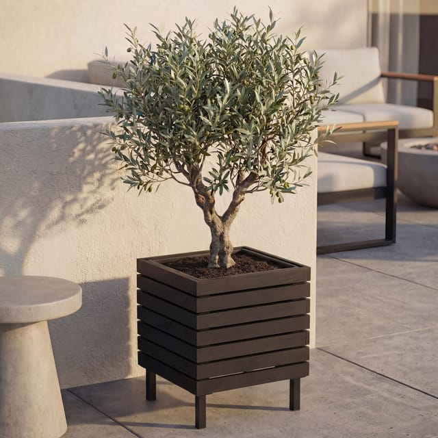 Pflanzkasten MCW-P84, Blumenkasten quadratisch Outdoor Stahl Akazie 43x33x33cm MVG-zertifiziert ~ schwarz