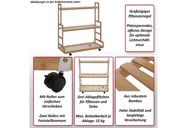 Bambus Pflanzenregal MCW-Q33, Blumentreppe Blumenständer Pflanzentreppe, 3 Ablagen Rollen 105x90x38cm ~ weiß