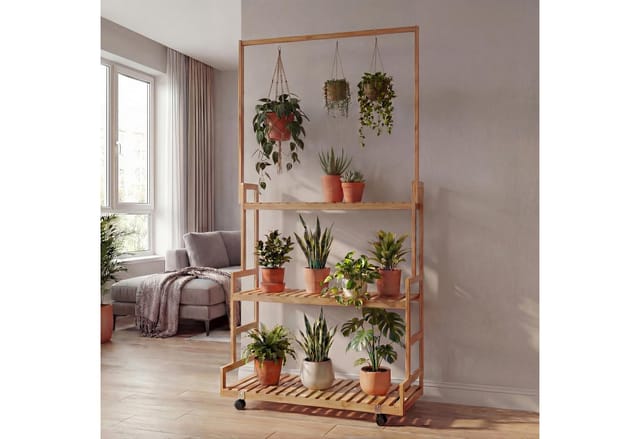 Bambus Pflanzenregal MCW-Q33, Blumentreppe Blumenständer Pflanzentreppe, Stange 3 Ablagen Rollen 175x93x38cm ~ natur