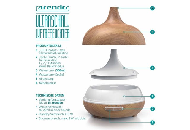 Arendo Aroma Diffuser, Luftbefeuchter, Vernebler in Holz Optik, Diffusor mit 7 Farben LED, Timer Funktion, 300ml, Hellbraun