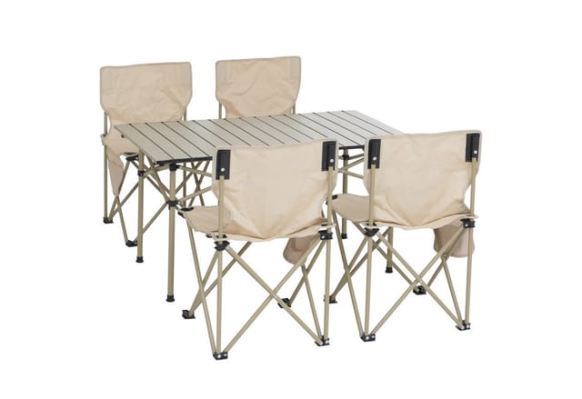 Campingset MCW-Q39, Tisch 4x Stuhl Klappstuhl Anglerstuhl faltbar, Metall Stoff ~ creme