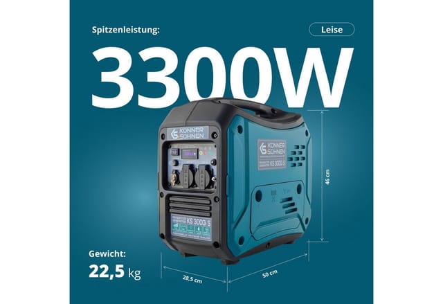 Könner & Söhnen Stromerzeuger KS 3000i S, (Silent Inverter Stromerzeuger 3.3kW mit reiner Sinuswelle, 1-tlg., 3300W Peak, nur 22.5kg, superleise 68dB, 4L Tank, Eco-Modus), Reine Sinuswelle, 2x 230V Steckdosen, LED-Display, Kompakt