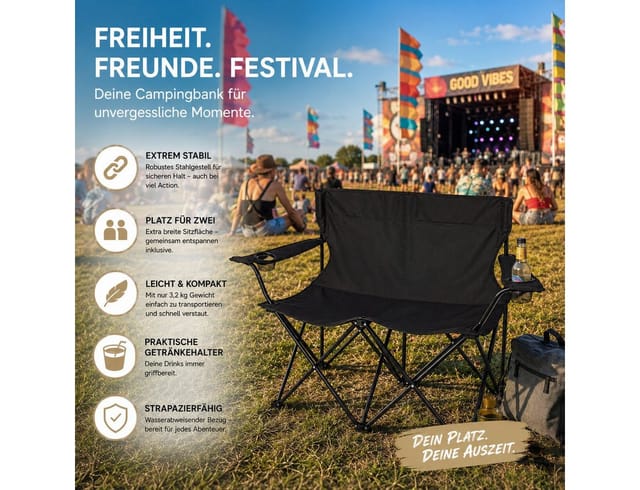 BigDean Faltstuhl Camping Sofa faltbar Camping Bank schwarz 2 Personen 2 Getränkehalter (Packung, 1 St), Extra Breit, Gepolstert, Getränkehalter, Tragetasche