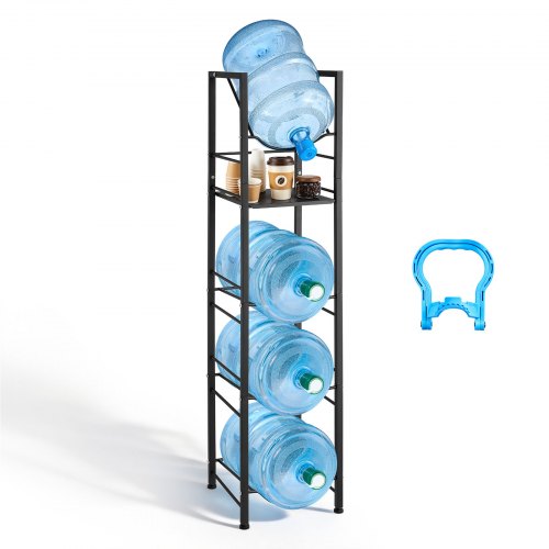 VEVOR Wasserkrughalter, 5-Stufig, für 4 Wasserflaschen, Wasserkrugregal mit Ablagefach, Wasserspenderregal, Wasserflaschenregal Wasserbehälterregal für Küche, Büro & Wohnzimmer, Schwarz
