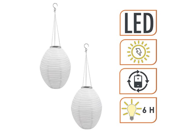 Led Solar Lampion Oval 33 X 22 Cm Aus Nylon - 2er Set - Garten Deko Beleuchtung Warm Weiß - Solarleuchte Laterne