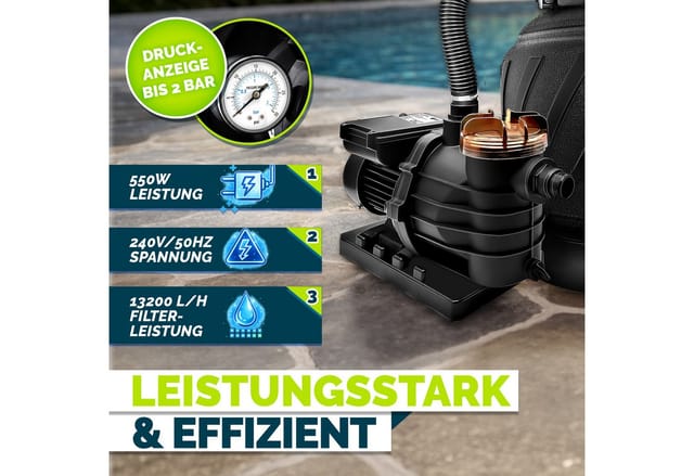 Tillvex® Sandfilteranlage Pool Aquablack Pro 13.200l/h Bis 40.000l + 1200g Filterbälle Filteranlage 7-wege Ventil & 2in1 Adapter Ø32-38mm Poolfilter Selbstansaugend Sandfilter Schwimmbecken