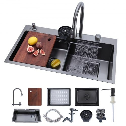 VEVOR Einbauspüle 850 x 460 x 236 mm, Einbauspülbecken mit Integrierter Stufe, Wasserfallarmatur & Schneidebrett, Einzelbecken Geeignet für Wohnmobil, Vorbereitungsküche, Waschküche & Bar