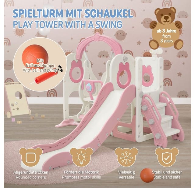Joyz Kinderrutsche Mit Schaukel, 5-in-1 Kinder Spielplatz Mit Rutsche Schaukel Treppe Basketballkorb Teleskop, Spielset Klettergerüst, Spielzeug Indoor Outdoor, Spielgerät Für Kinder Ab 3 Jahren, Rosa