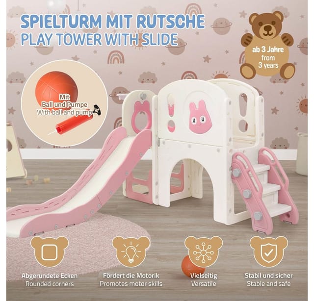 Joyz Kinderrutsche Mit Spielturm, 5 In 1 Kinder Spielplatz Mit Turm Rutsche Treppe Basketballkorb Teleskop, Spielset Klettergerüst, Spielzeug Indoor Outdoor Spielgerät Für Kinder Ab 3 Jahren, Rosa