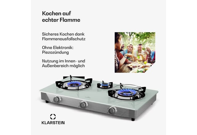 Klarstein - Barzona Gaskochfeld, 3-brenner Edelstahl & Glas, 8,45kw, Tragbarer Campingkocher Mit Piezo-zündung & Flammenausfallsicherung, Komplettset Mit Schlauch & Regler