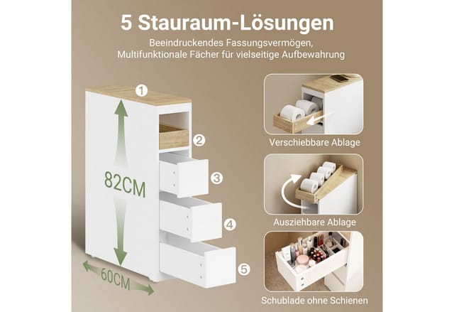 Sobuy Badmöbel Regal, Badmöbel 20 Cm Mit 3 Schubläden, Kleine Badschrank Regal, Mobiler Wc-etagere Für Toilette Und Küche, Weiß, 60x20x82,3 Cm, Bzr54-k-w