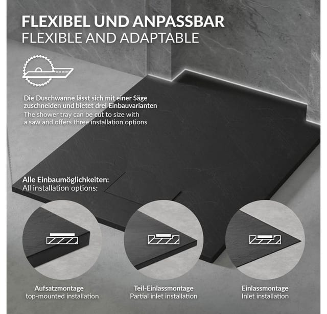 Luxebath Duschwanne 100x70 Cm Schwarz Mit Ablaufgarnitur, Extra Flache & Robuste Smc Duschtasse, Rechteckige Brausewanne H:30 Mm, Design Brausetasse Anti-rutsch-oberfläche In Schieferoptik Mit Siphon