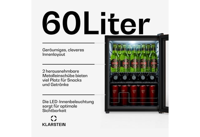 Klarstein Getränkekühlschrank Groß – 60l Glastürkühlschrank, 3–10°c, Doppelverglasung, 2 Metallablagen, Drehschalter, Flaschenkühlschrank