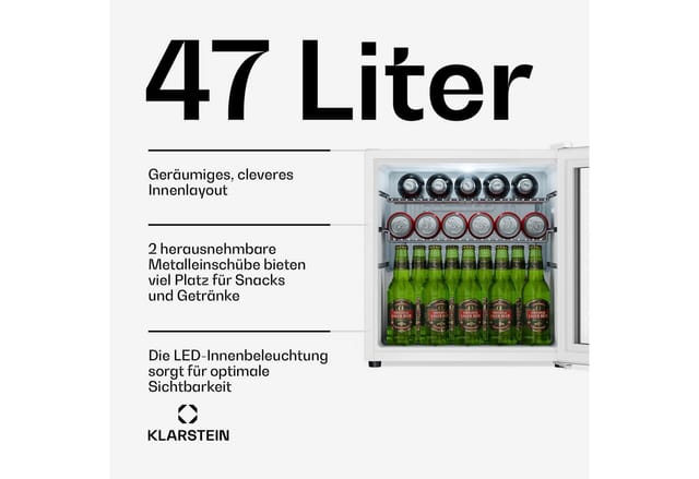 Klarstein Getränkekühlschrank 47l – Glastür, Led-beleuchtung, 0-13°c, 2 Metallablagen, Kompressor, Kleiner Flaschenkühlschrank, Temperaturregelung, Leise 39db