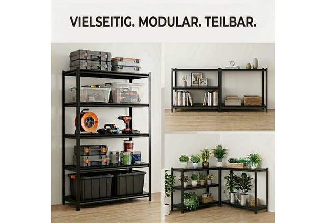 Sr2b Premium Schwerlastregal Schwarz – 875 Kg Belastbar, Wasserfest, Matte Laminierte Böden, 5 Verstellbare Ebenen, Teilbares Steckregal 180x90x40 Cm