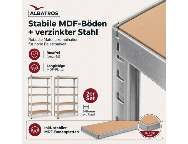 Albatros Sr2s Schwerlastregal 875 Kg – Metallregal 180x90x40 Cm, 5 Verstellbare Ablagen, Steckregal Teilbar, Lagerregal Für Garage, Keller, Werkstatt