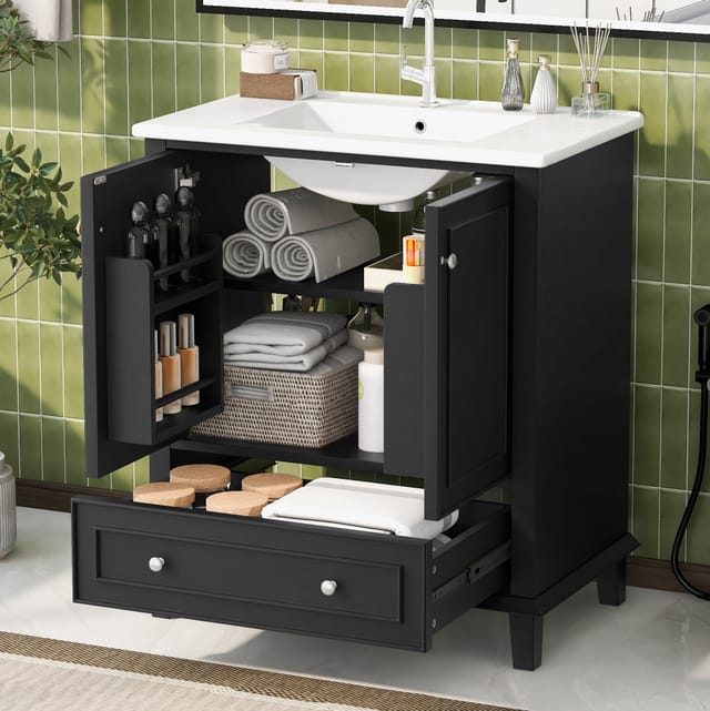 Waschbeckenunterschrank Modern Mit Keramikwaschbecken, Weiß Lackiertes Mdf, 2 Türen, 1 Schublade, 73x45x87 Cm