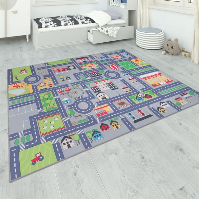 Paco Home - Teppich Kinderzimmer Grau Kinderteppich Spielteppich Straßenteppich Mädchen Jungs 80x150 Cm, Grau 2