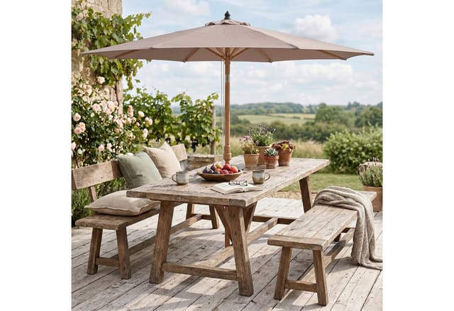 Sekey Sonnenschirm 300 x 300 cm Sonnenschirm Holzoptik Gartenschirm Knickbar, UPF 50+, LxB: 300x300 cm, Doppeltes Seilzugsystem, Neigungsverstellung, für Garten