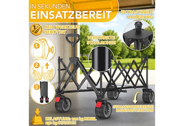 Tresko® Bollerwagen Faltbar 215l Mit Bremse Handwagen Klappbar 150kg Inkl. Vollgummireifen Faltbarer Strandwagen Extra Breite All-terrain-räder Transportwagen Mit Tragetasche