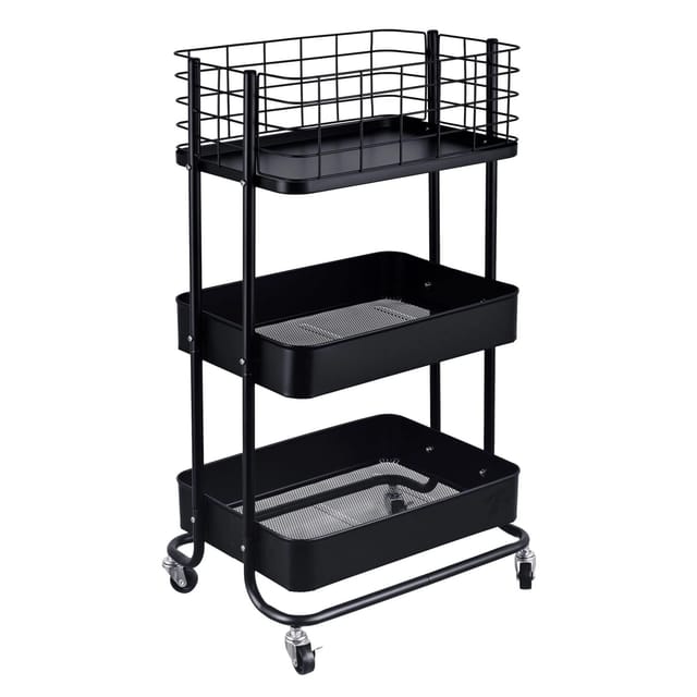 Relaxdays Rollwagen, Hxbxt: 77 X 45 X 34 Cm, Metall, 3 Etagen, Rollregal Für Bad, Küche & Büro, Allzweckwagen, Schwarz
