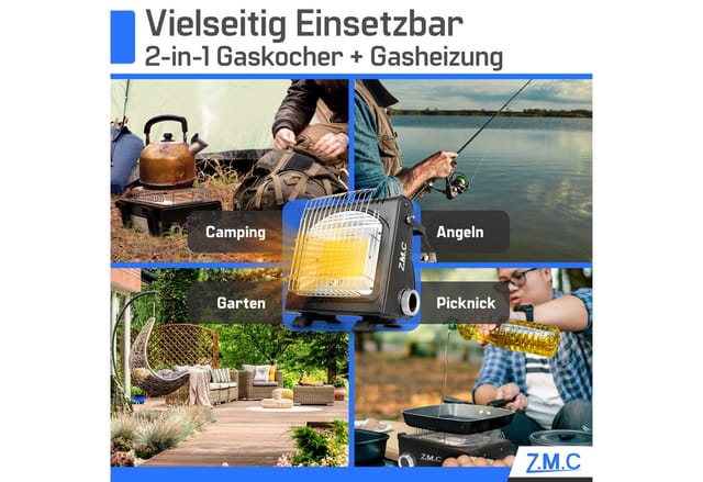 ZMC Heizstrahler 2in1 Tragbare Camping Gasheizung 1,7KW Gaskocher + Gaskartuschen 227g, 1700W Camping Heizung mobile Heizstrahler Zeltheizung mit Piezozündung