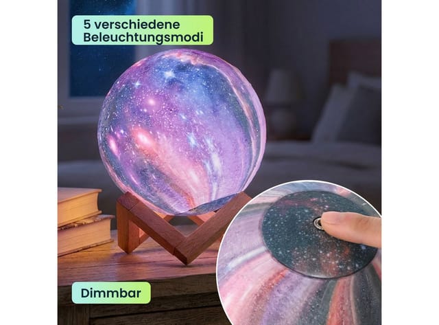 Casativo Nachtlicht 3D Galaxy Mond Lampe 15cm: 16 Farben, dimmbar, Fernbedienung & Holzfuß, Akku Nachtlicht & Deko
