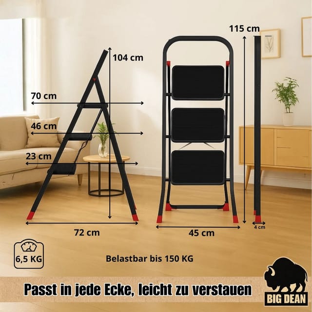 BigDean Trittleiter 3 Stufen klappbar TÜV geprüfte Sicherheit Leiter bis 150 kg belastbar (Packung, 1-St., Trittleiter), Rutschfester Stand, Rutschfeste Stufen, Werkzeugllos Auf & zu klappbar