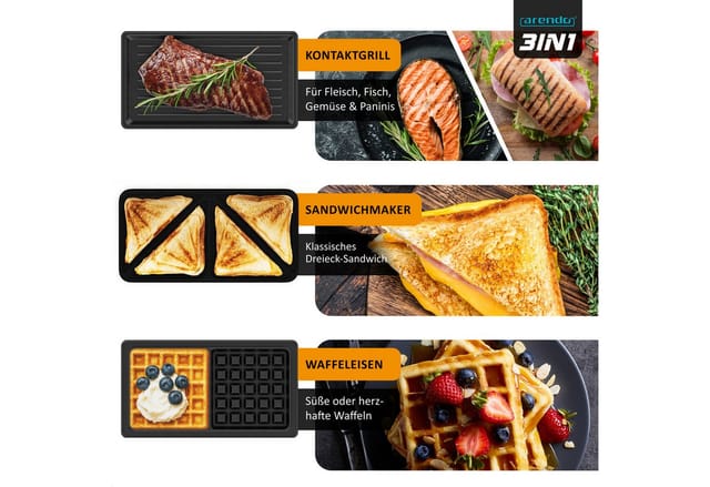 Arendo 3-in-1-Sandwichmaker Multifunktions-Snackmaker für Sandwich, Waffel & Panini, Kontaktgrill, 900 W, Edelstahl-Applikation, Verriegelung, Antihaftbeschichtung, Kompakt