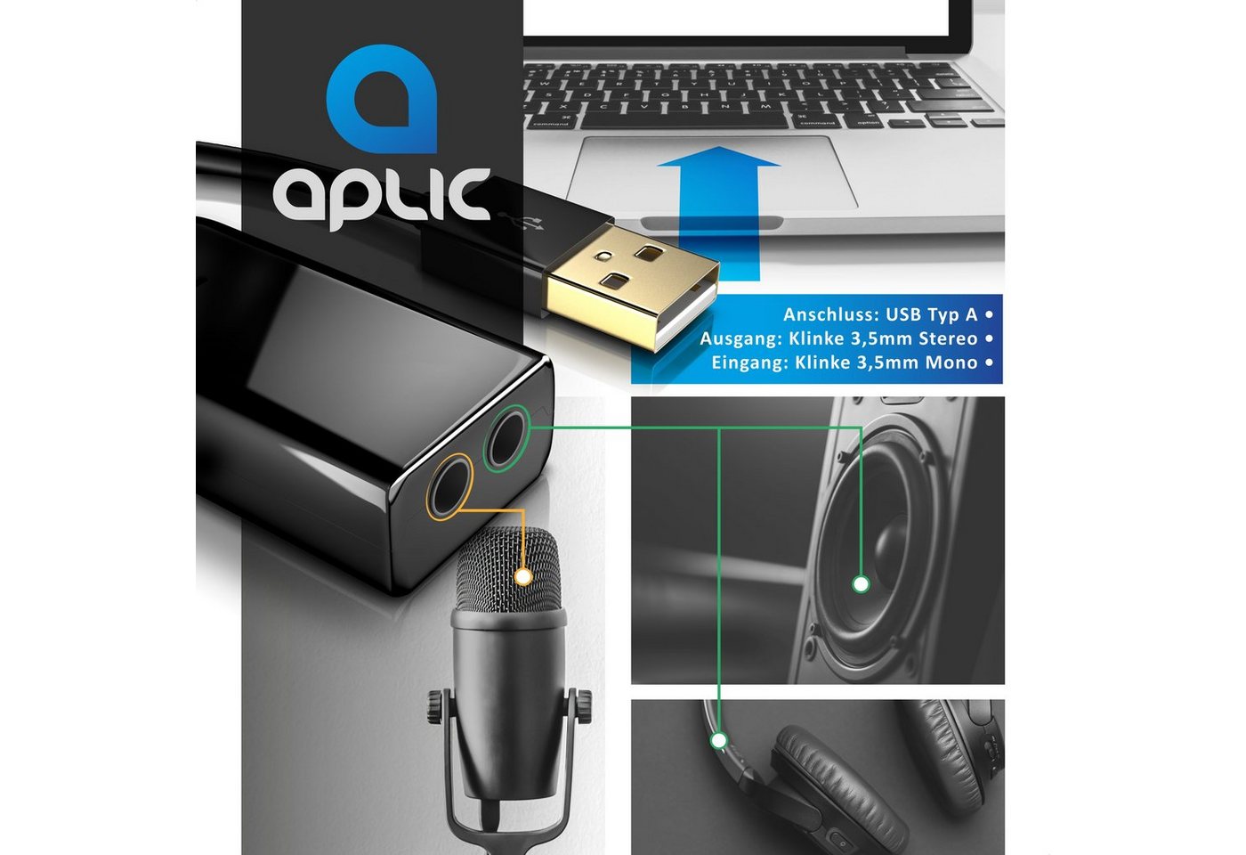 Aplic USB mini extern, Dynamic 3D Surround, 3,5mm Eingang, 3,5mm Ausgang Soundkarte Virtual 7.1 Surround, 3D Stereo, USB Audio Adapter, External Sound Card, für Win Linux Mac