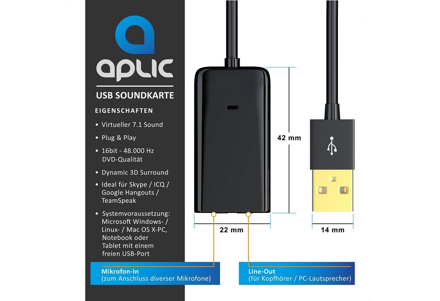 Aplic USB mini extern, Dynamic 3D Surround, 3,5mm Eingang, 3,5mm Ausgang Soundkarte Virtual 7.1 Surround, 3D Stereo, USB Audio Adapter, External Sound Card, für Win Linux Mac Bild 3
