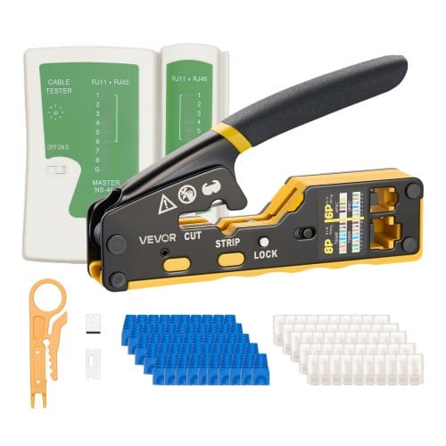 VEVOR Netzwerk Werkzeug Set, RJ45/RJ11/RJ12 Ethernet-Crimpzange-Set für 4/6/8-Polige Modularstecker, mit Mini-Abisolierzange, 50 Steckern & 50 Tüllen, Ersatzklingen & Netzwerkkabeltester