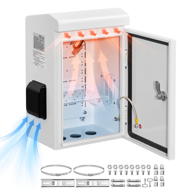 Vevor Wasserdichtes Elektrogehäuse Ip65, Schaltkasten Aus Kaltgewalztem Stahl Mit Thermostat, Lüfter Und Regenabdeckung, Abschließbarer Anschlusskasten Outdoor-schaltschrank 30 X 20 X 40 Cm