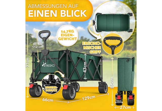 Tresko® Bollerwagen Faltbar 300l Mit Bremse Grün Handwagen Klappbar 150kg Inkl. Vollgummireifen Faltbarer Strandwagen Mit Extra Breite All-terrain-räder Gartenwagen Transportwagen Mit Tragetasche