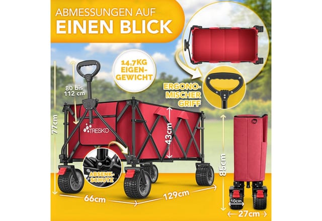 Tresko® Bollerwagen Faltbar 300l Mit Bremse Rot Handwagen Klappbar 150kg Inkl. Vollgummireifen Faltbarer Strandwagen Mit Extra Breite All-terrain-räder Gartenwagen Transportwagen Mit Tragetasche