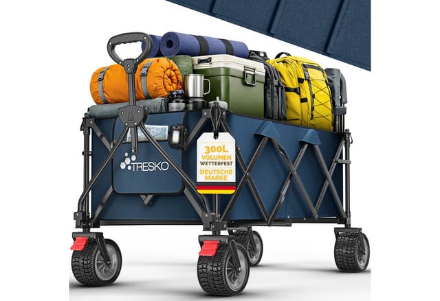 Tresko® Bollerwagen Faltbar 300l Mit Bremse Blau Handwagen Klappbar 150kg Inkl. Vollgummireifen Faltbarer Strandwagen Mit Extra Breite All-terrain-räder Gartenwagen Transportwagen Mit Tragetasche