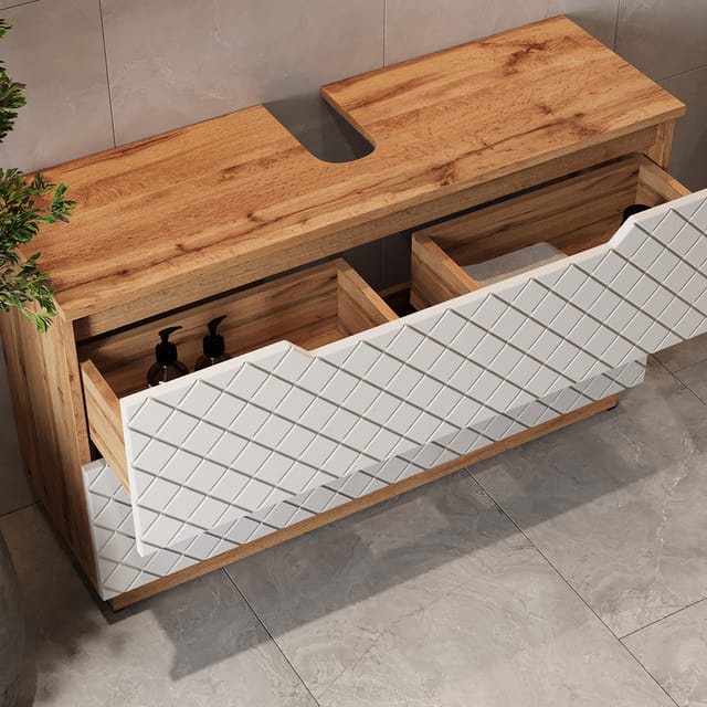 Waschbeckenunterschrank Lotta, Eiche/weiß Mit Kachelstruktur, 99.4 X 62.5 Cm Mit 2 Schubladen, Vicco