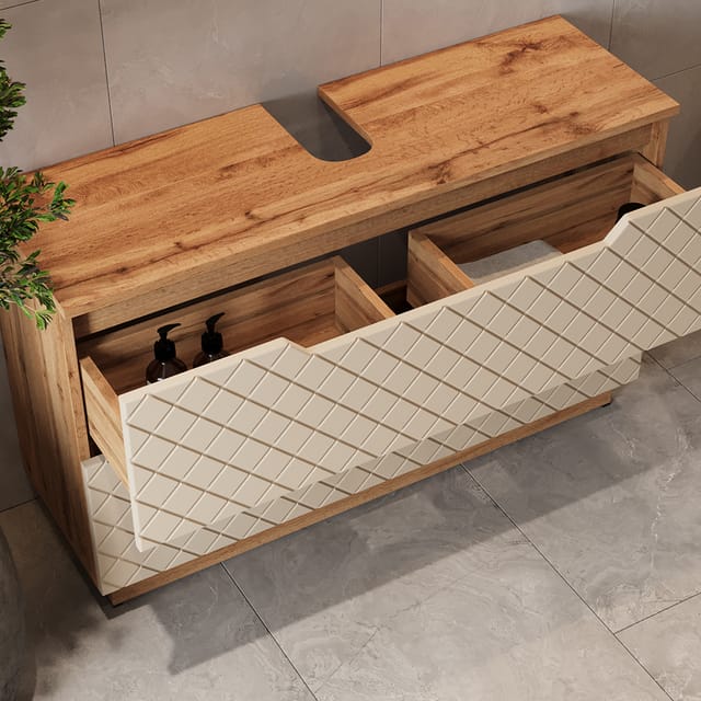 Waschbeckenunterschrank Lotta, Eiche/kaschmir Mit Kachelstruktur, 99.4 X 62.5 Cm Mit 2 Schubladen, Vicco