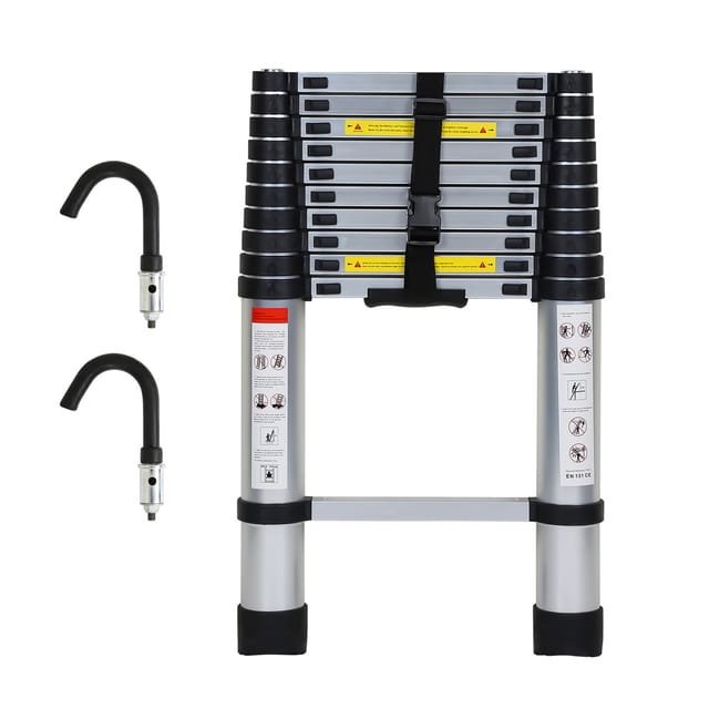 Tolletour Aluminium Teleskopleiter 3,2m Silber, Leiter Ausziehbar Mit Abnehmbaren Haken, Klappleiter, Mehrzweckleiter, Stehleiter, Haushaltsleiter, Außenleiter, 150 Kg Belastbarkeit