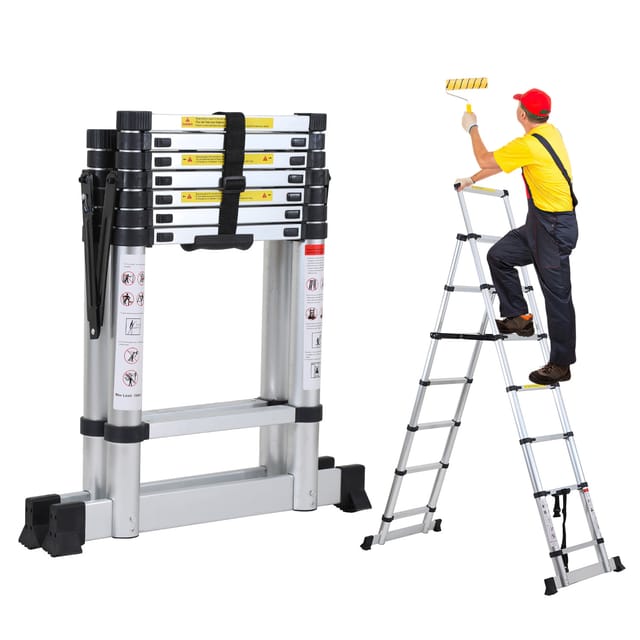 Tolletour Aluminium Teleskopleiter 2,3m Silber, Leiter Ausziehbar Klappleiter, Mehrzweckleiter, Stehleiter, Haushaltsleiter, Außenleiter, 150 Kg Belastbarkeit