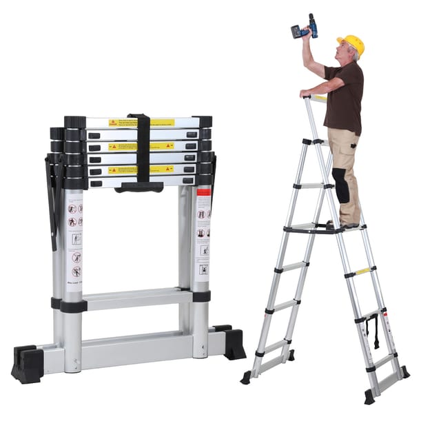Tolletour Aluminium Teleskopleiter 2,0m Silber, Leiter Ausziehbar Klappleiter, Mehrzweckleiter, Stehleiter, Haushaltsleiter, Außenleiter, 150 Kg Belastbarkeit